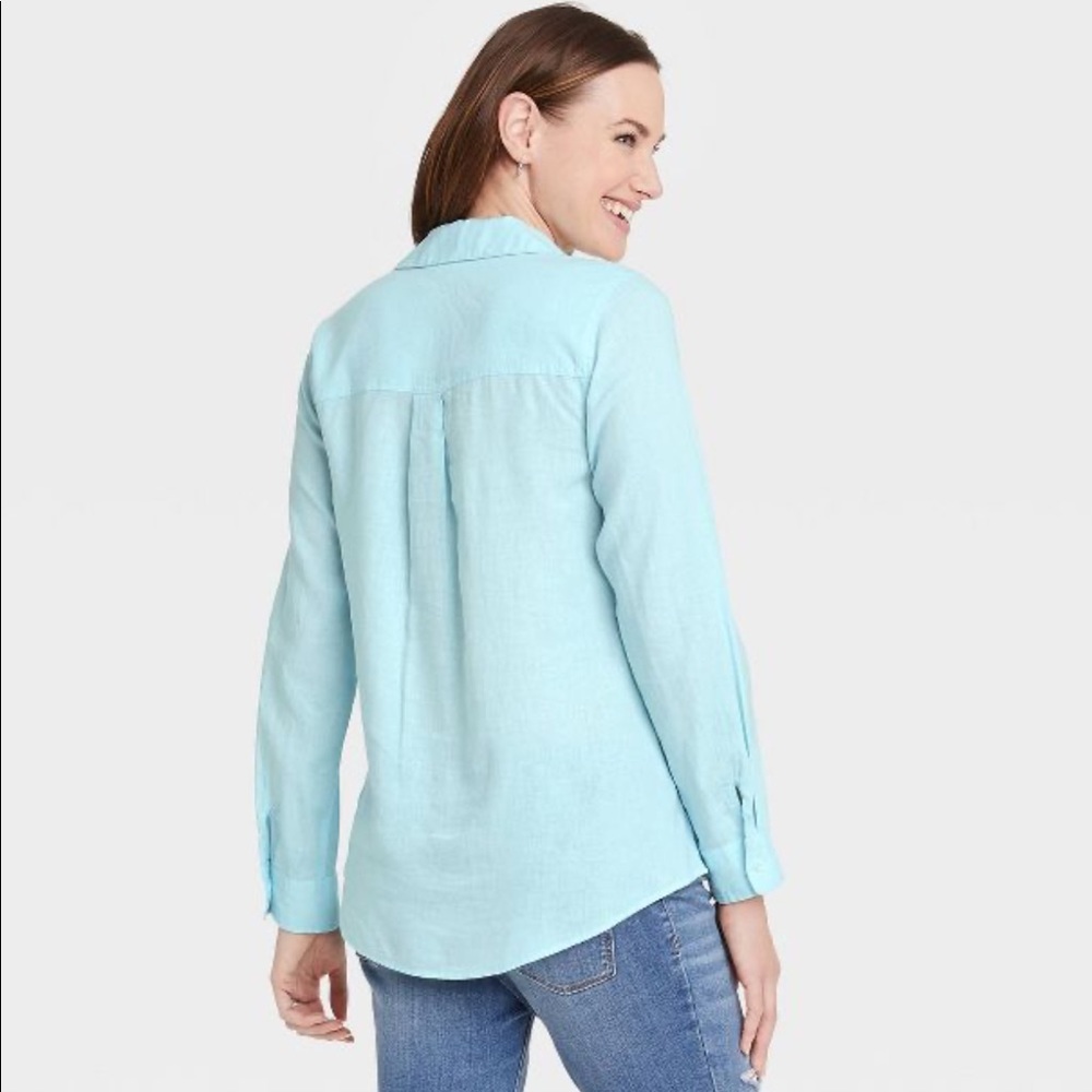 Isabel Maternity Long Sleeve Collared Side Woven Popover Maternity Shirt NWT - Picture 2 of 7